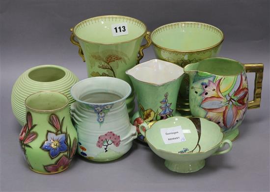 A group of Carlton Ware 1930s lime green ground pottery comprising six vases, a dish and a jug tallest 18cm